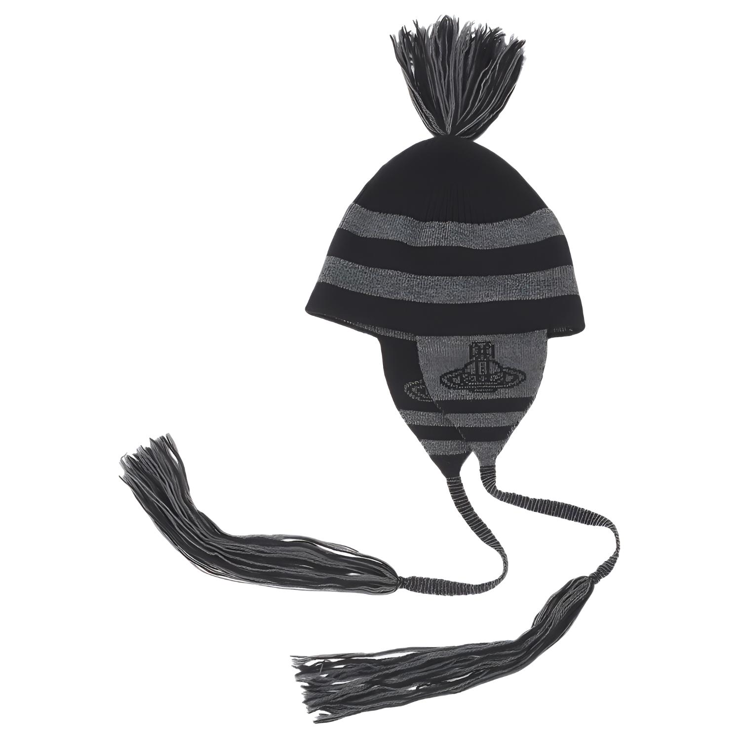 (Women) Vivienne Westwood  Black and Cream Wool Beanie with Logo and Tassels. 50542038703N