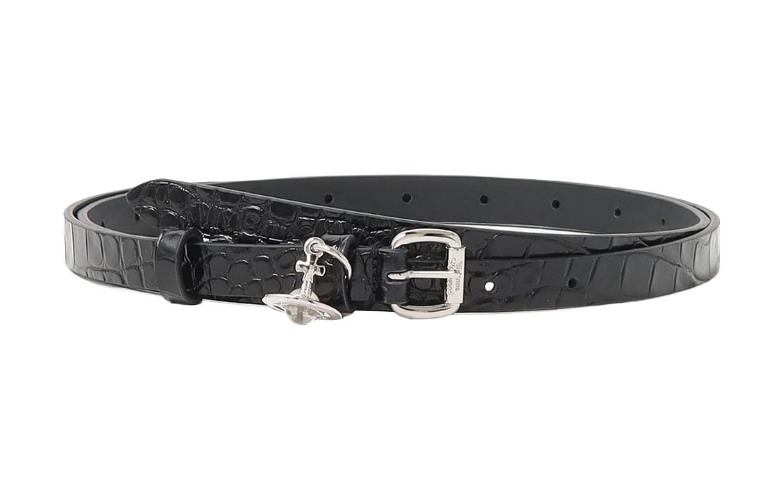 (Women) Vivienne Westwood  Black Leather Belt with Saturn Logo Pendant 1.5CM. 50564185900D