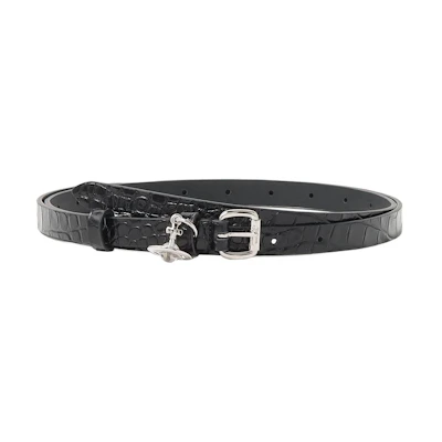 (Women) Vivienne Westwood Black Leather Belt with Saturn Logo Pendant 1.5CM. 50564185900D