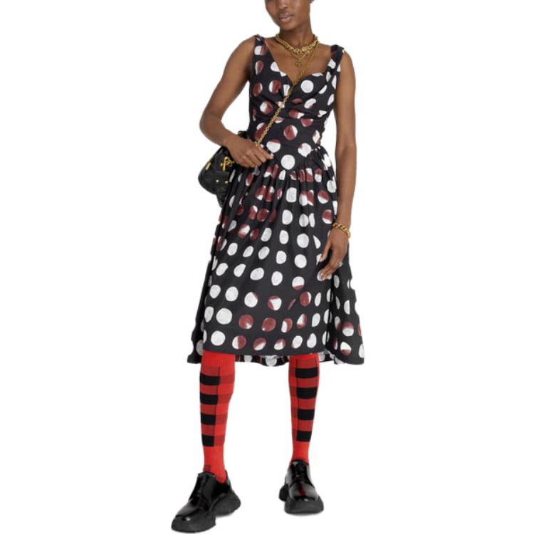 Lookbook (W) 비비안 웨스트우드 블랙 브이넥 민소매 미디 선데이 드레스. 1101032ZW00MLDOTSORBS