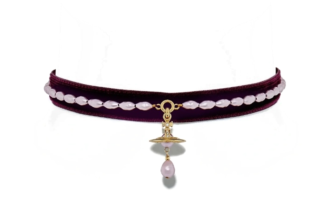 (Women) Vivienne Westwood Aleksa Velvet Pearl Choker Crystal Necklace Dark Red Women. 6303002602R598 圖 2
