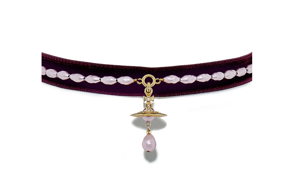 (Women) Vivienne Westwood Aleksa Velvet Pearl Choker Crystal Necklace Dark Red Women. 6303002602R598 圖 3