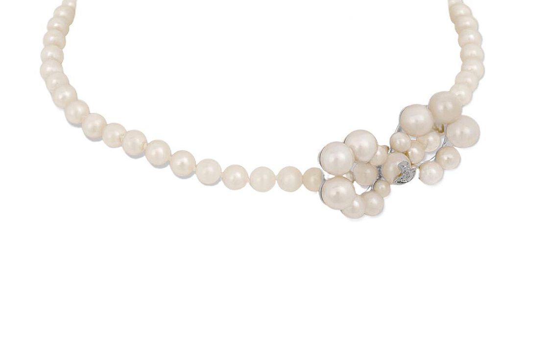 (Women) Vivienne Westwood Bow Logo Pendant Necklace with Rhinestones -  White. 8050889644491