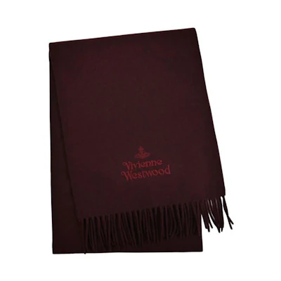 (Women) Vivienne Westwood Classic Logo Embroidered Tassel Red Wool Scarf for Women. 81030007-W001Z-I409