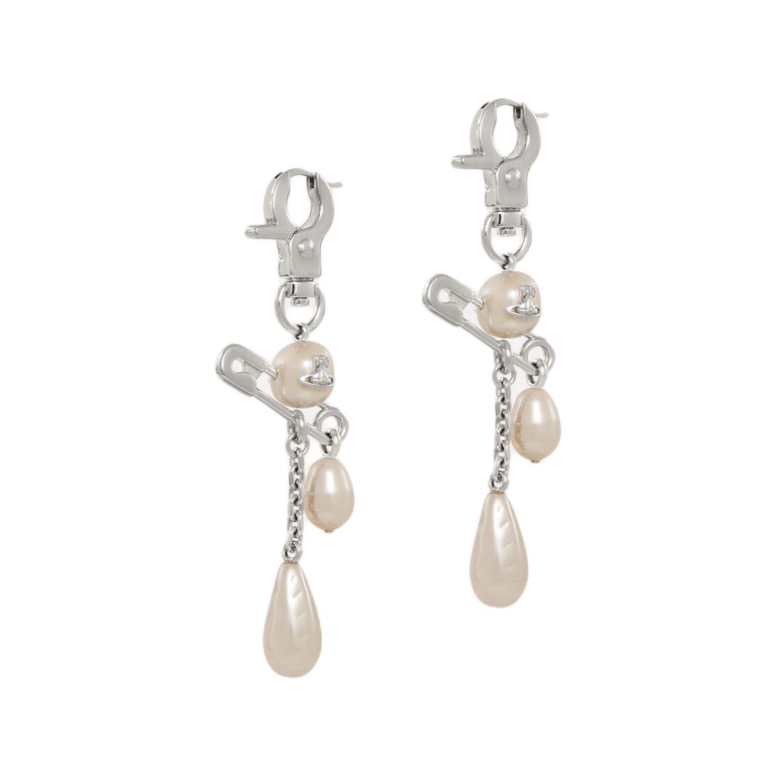 (Women) Vivienne Westwood Claude Saturn Pearl Safety Pin Pendant Earrings Silver Women 8050889954842