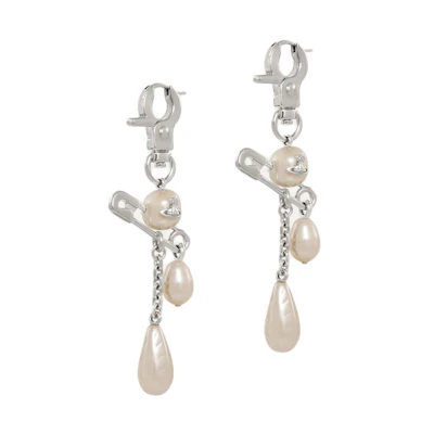 (Women) Vivienne Westwood Claude Saturn Pearl Safety Pin Pendant Earrings Silver Women 8050889954842
