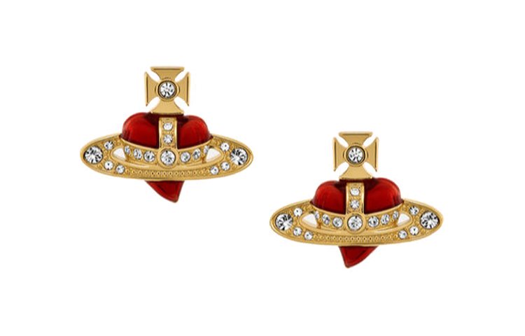 (Women) Vivienne Westwood Diamante Heart Asymmetric Crystal Earrings - Red/Gold 6201033K02R654R654