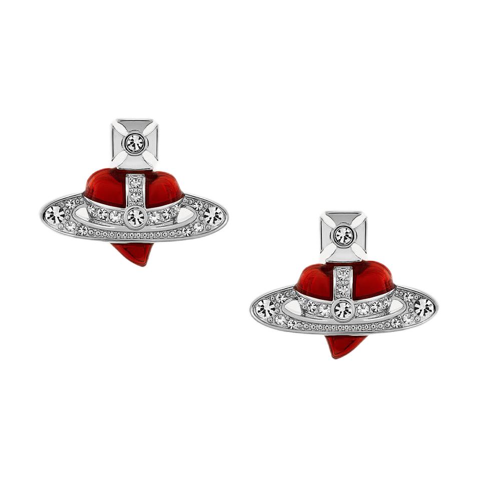 (Women) Vivienne Westwood Diamante Heart Asymmetrical Crystal Earrings Silver/Red . 6201033K02P383P383