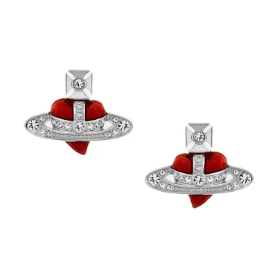(Women) Vivienne Westwood Diamante Heart Asymmetrical Crystal Earrings Silver/Red . 6201033K02P383P383