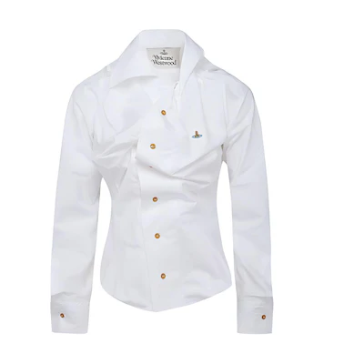 (Women) Vivienne Westwood FW22 White Long-Sleeve Ruched Collar Sun Protection Shirt 1501000CW009QA401