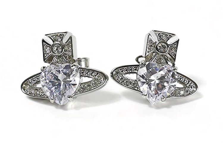 (Women) Vivienne Westwood Heart Shaped Crystal Brass Earrings Silver for Women. 119021
