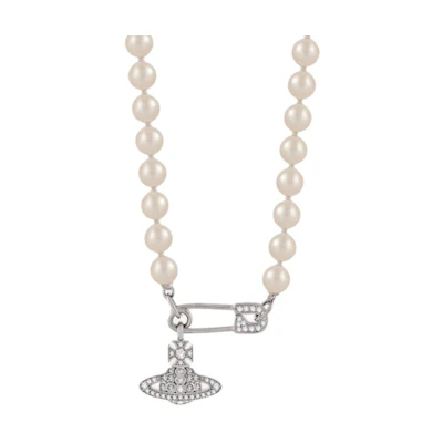 (Women) Vivienne Westwood Lucrece Rhinestone Pearl Glass Necklace Silver. 6301007202P147P147