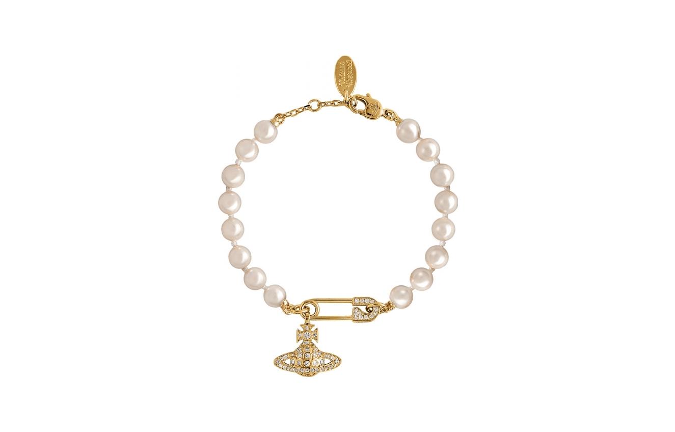 (Women) Vivienne Westwood Lucrece Safety Pin Pearl Pendant Brass Bracelet Gold Women. 61030053-R233-IM