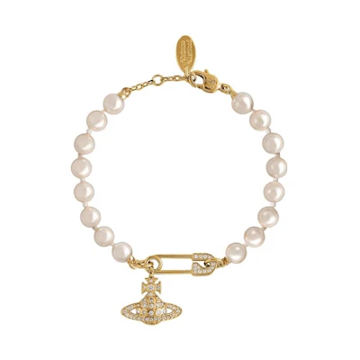 (Women) Vivienne Westwood Lucrece Safety Pin Pearl Pendant Brass Bracelet Gold Women. 61030053-R233-IM