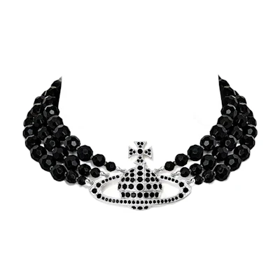 (Women) Vivienne Westwood Messaline 3-Row Choker Black Bead Brass Necklace Women Black/Silver 6303002E02P178P178