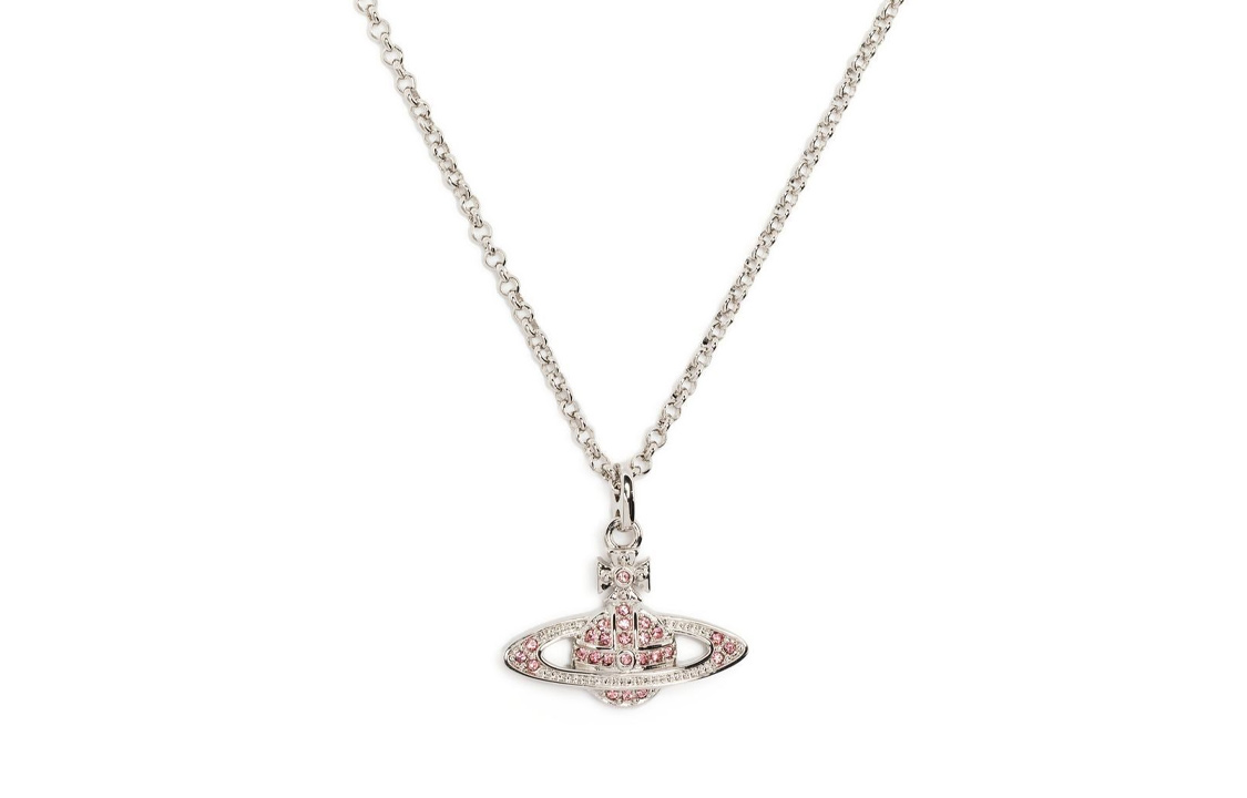 (Women) Vivienne Westwood Mini Bas Relief Orb Pendant Necklace Silver with Pink Crystals. 63030086P207P207