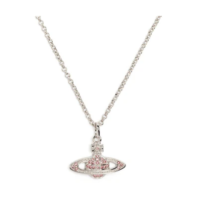 (Women) Vivienne Westwood Mini Bas Relief Orb Pendant Necklace Silver with Pink Crystals. 63030086P207P207