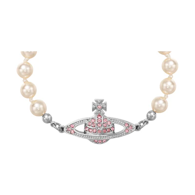 (Women) Vivienne Westwood Mini Bas Relief Pearl Bracelet Silver White/Pink Crystal . 61030001-02P209-CN