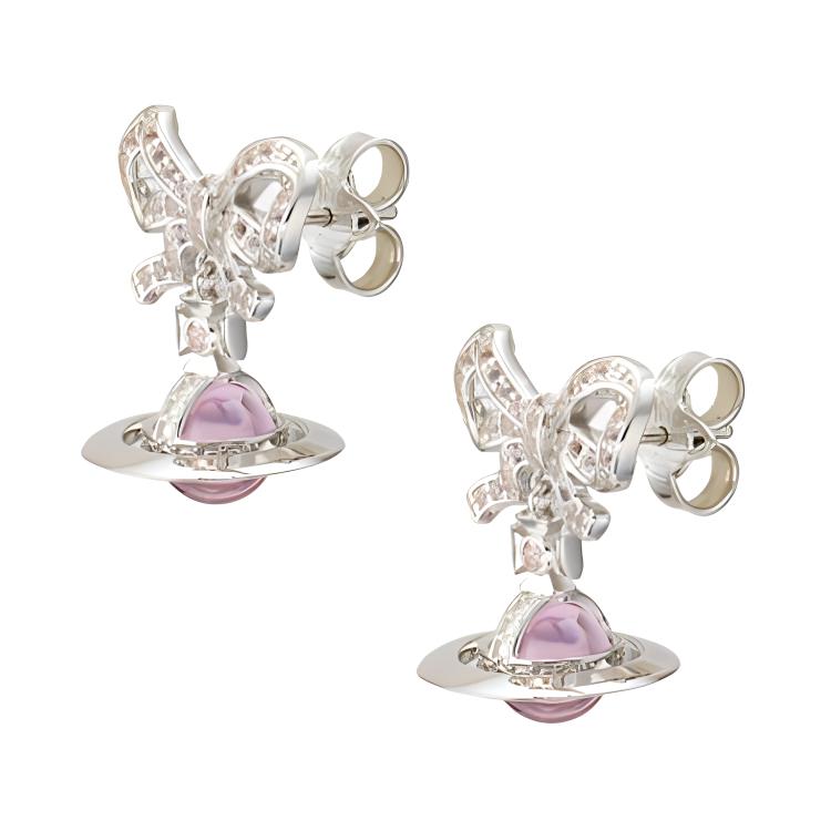 (Women) Vivienne Westwood Octavie Orb Pink Saturn Bow Earrings - Silver/Pink Transparent. 50577022901O