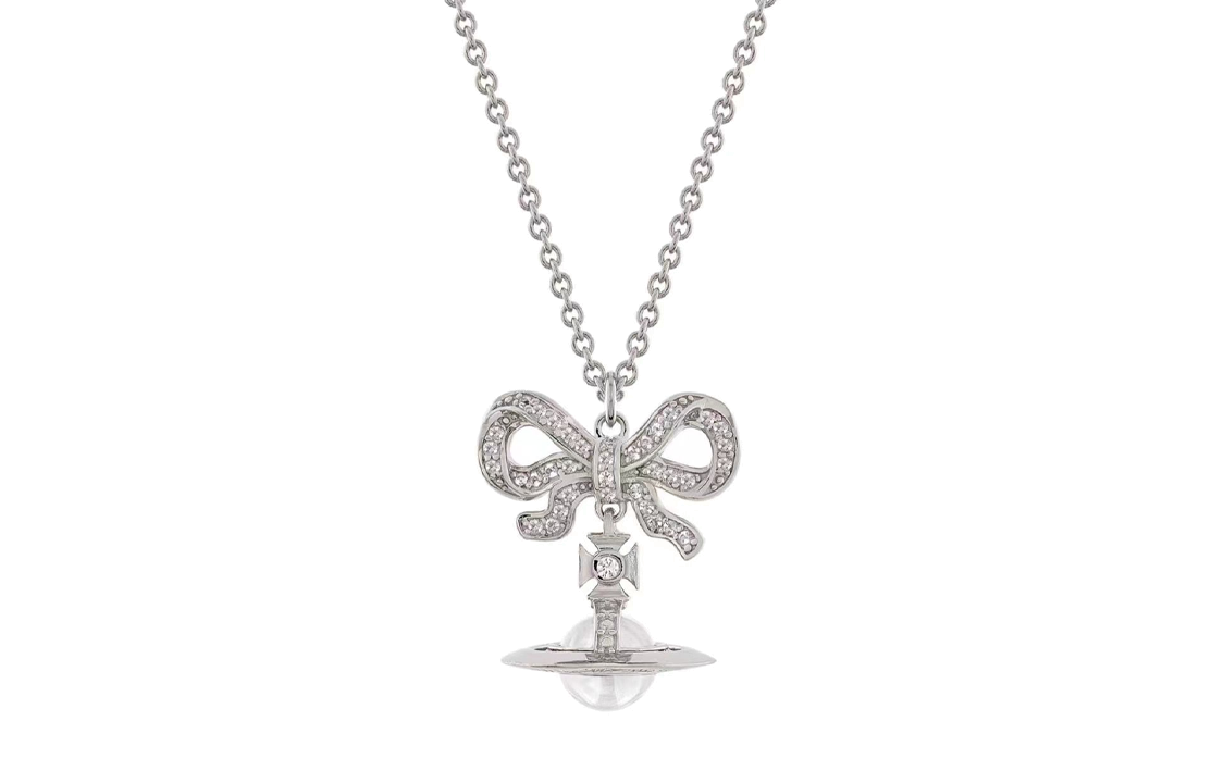 (Women) Vivienne Westwood Octavie Orb Silver Necklace with White Crystal Saturn Pendant. V3FJWW00281SL