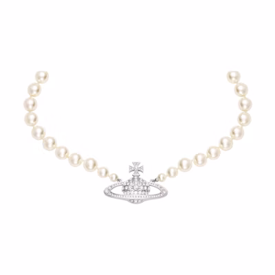 (Women) Vivienne Westwood One Row Pearl Bas Relief Saturn Choker Necklace for Women 63010106-02P104-CN