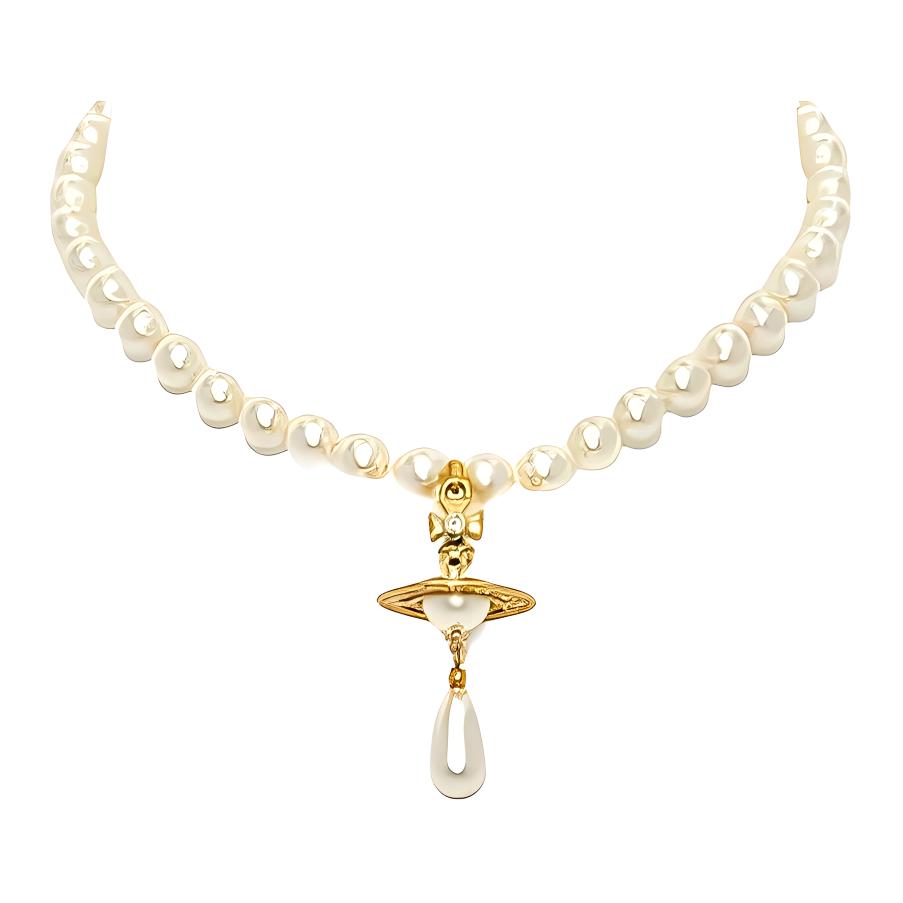 (Women) Vivienne Westwood One Row Pearl Drop Choker Saturn Pendant Brass Necklace Gold. 63030008R118