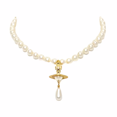 (Women) Vivienne Westwood One Row Pearl Drop Choker Saturn Pendant Brass Necklace Gold. 63030008R118
