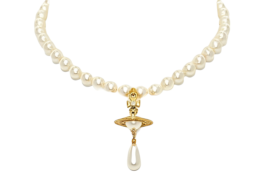 (Women) Vivienne Westwood One Row Pearl Drop Choker Saturn Pendant Brass Necklace Gold. 63030008R118 圖 2