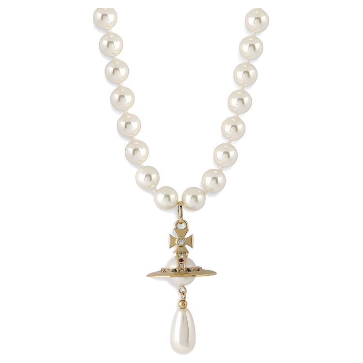 (Women) Vivienne Westwood One Row Pearl Drop Saturn Pendant Choker Necklace for Women. 63030008R118R118