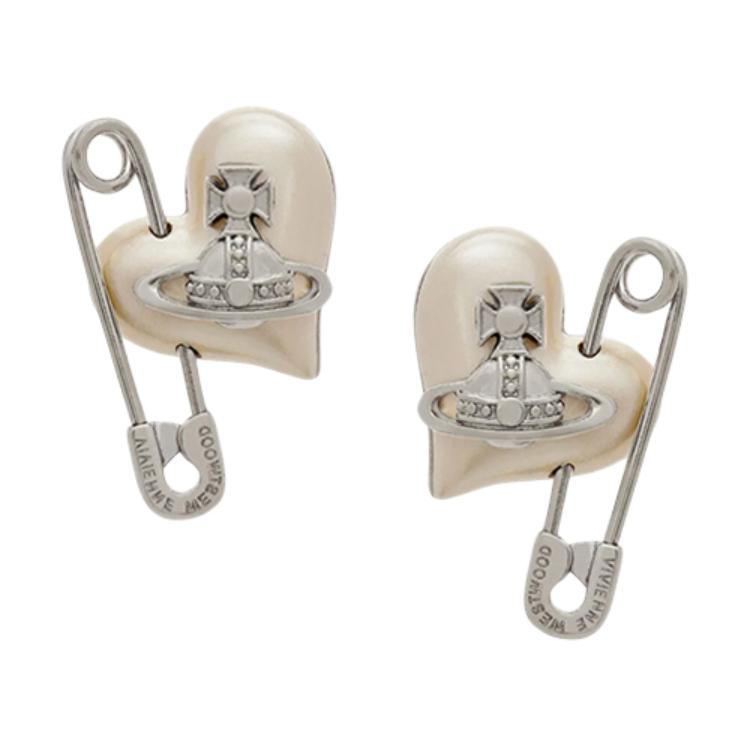 (Women) Vivienne Westwood Orietta Heart-Shaped Pearl Saturn Logo Brass Earrings for Women. 6201032K02P103P103