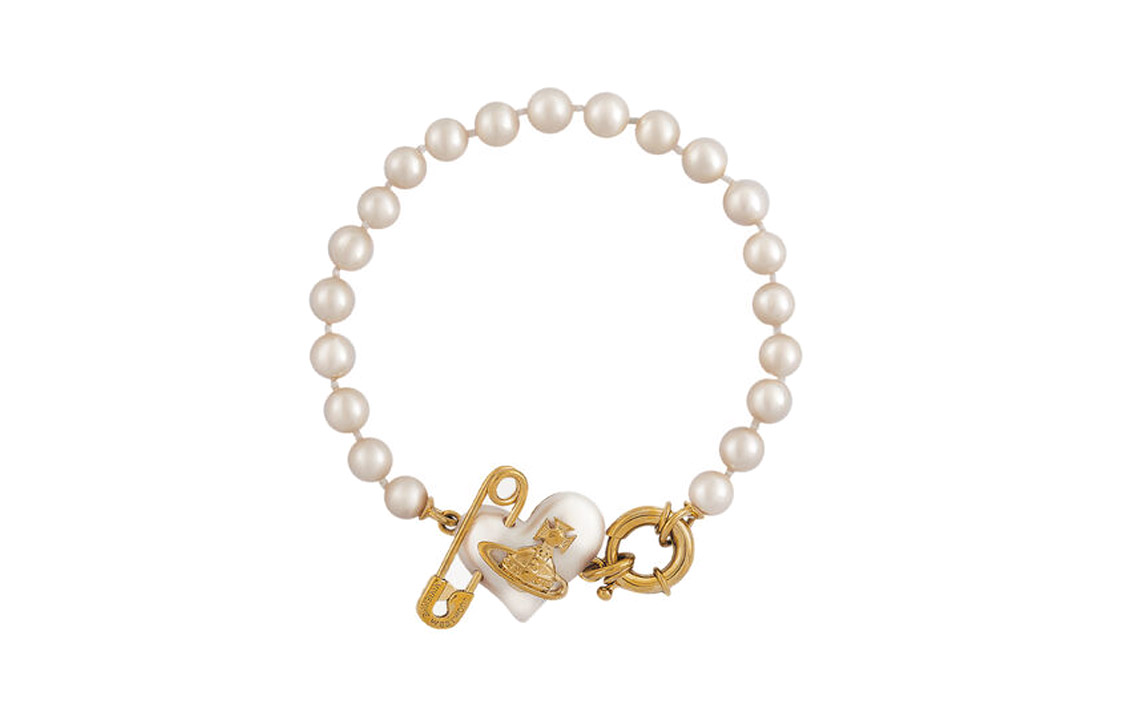 (Women) Vivienne Westwood Orietta Pearl Heart Pendant Brass Pearl Bracelet . 6103007A02R107R107