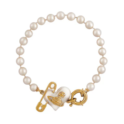 (Women) Vivienne Westwood Orietta Pearl Heart Pendant Brass Pearl Bracelet . 6103007A02R107R107