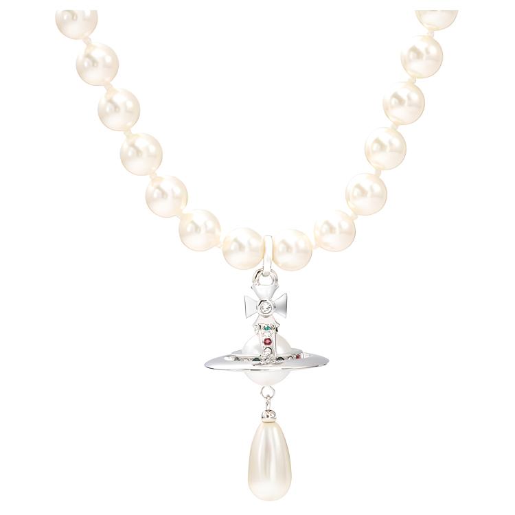 (Women) Vivienne Westwood Pearl Drop Choker Saturn Pendant Brass Necklace Silver . 6303000802P128P128