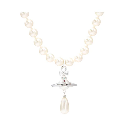 (Women) Vivienne Westwood Pearl Drop Choker Saturn Pendant Brass Necklace Silver . 6303000802P128P128
