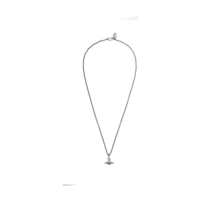 (Women) Vivienne Westwood Petite Orb Green Saturn Pendant Necklace Women Silver 6302022502P181-CN001