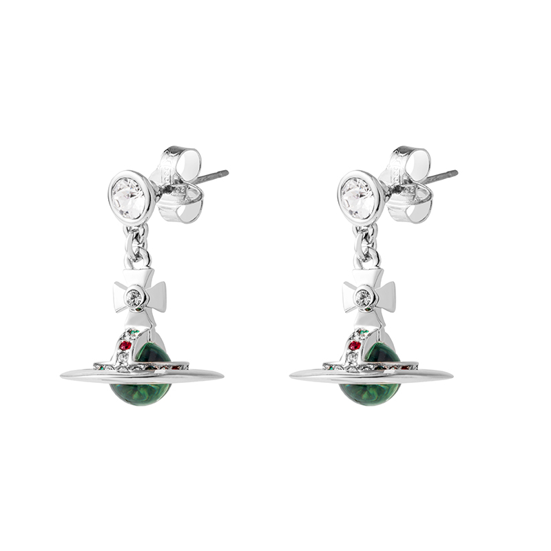 (Women) Vivienne Westwood Petite Orb London Green Saturn Pendant Earrings - Silver Women 6202008602P181-CN001