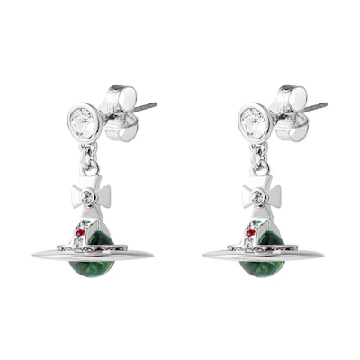 (Women) Vivienne Westwood Petite Orb London Green Saturn Pendant Earrings - Silver Women 6202008602P181-CN001