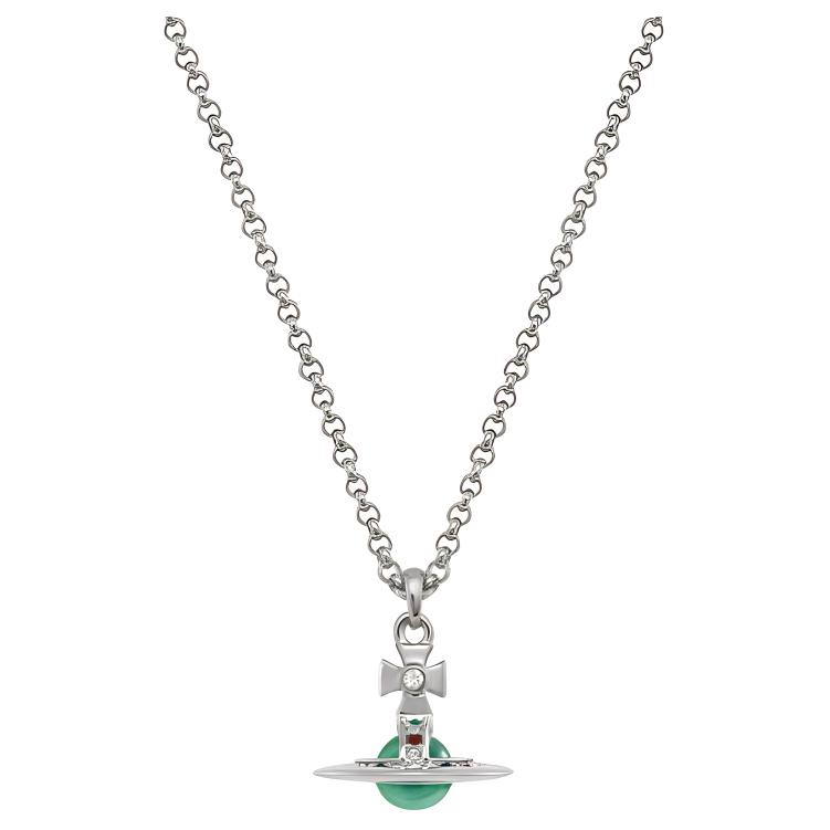 (Women) Vivienne Westwood Petite Orb Mint Green Saturn Pendant Necklace Silver/Mint Green. 8050889174424