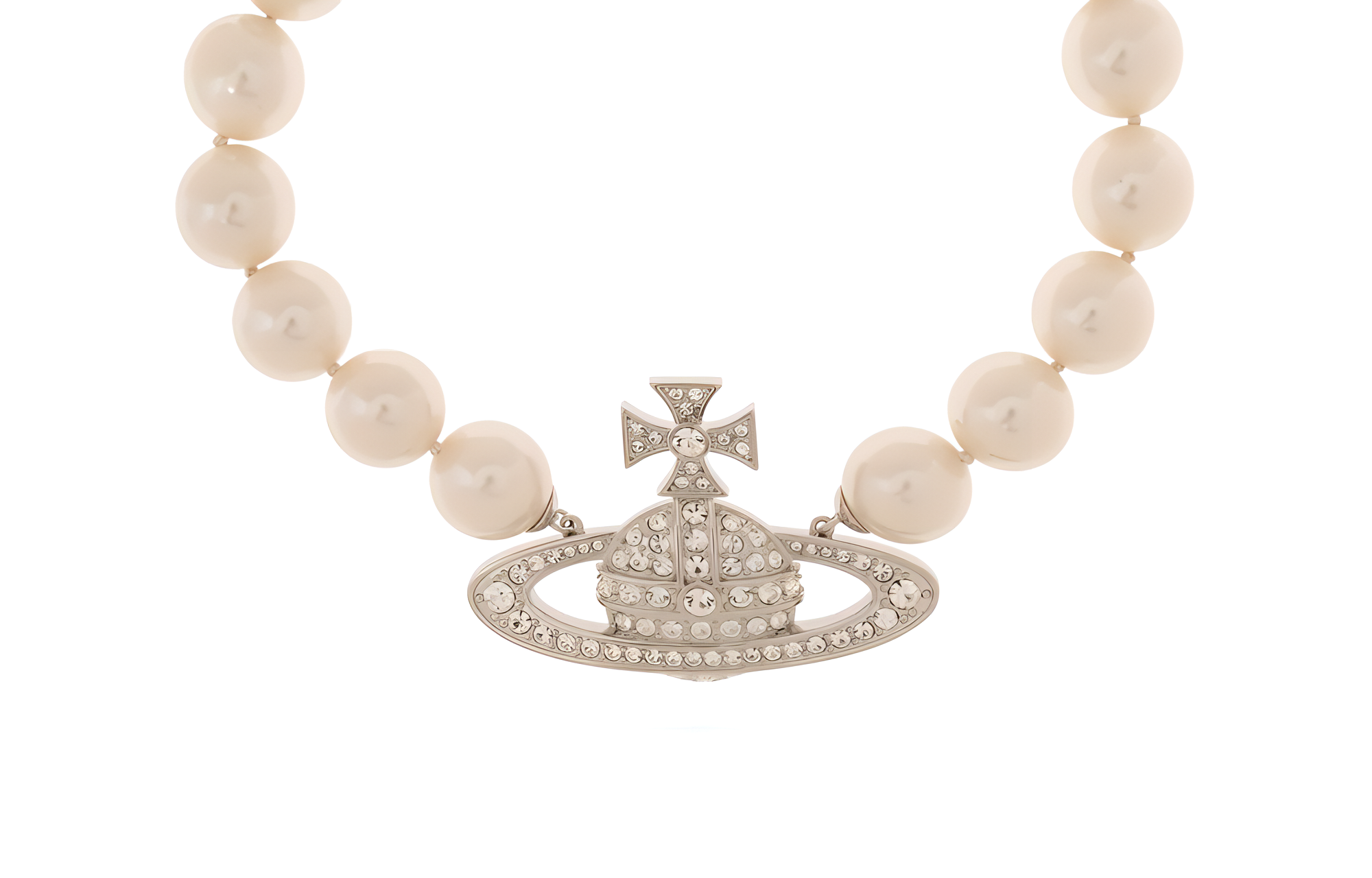 (Women) Vivienne Westwood Saturn Logo Pearl Crystal Necklace  White 6301011002P226CNP226