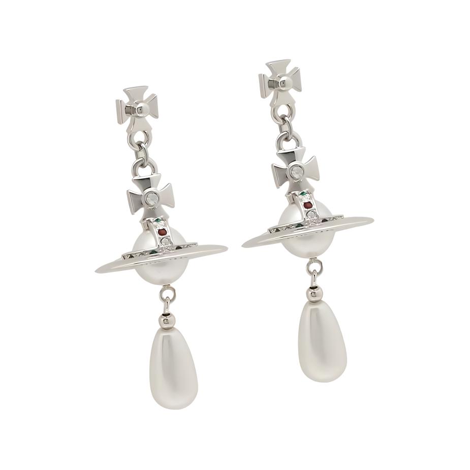 (Women) Vivienne Westwood Saturn Pearl Drop Earrings Silver  Jewelry. 62020034-W124-CN