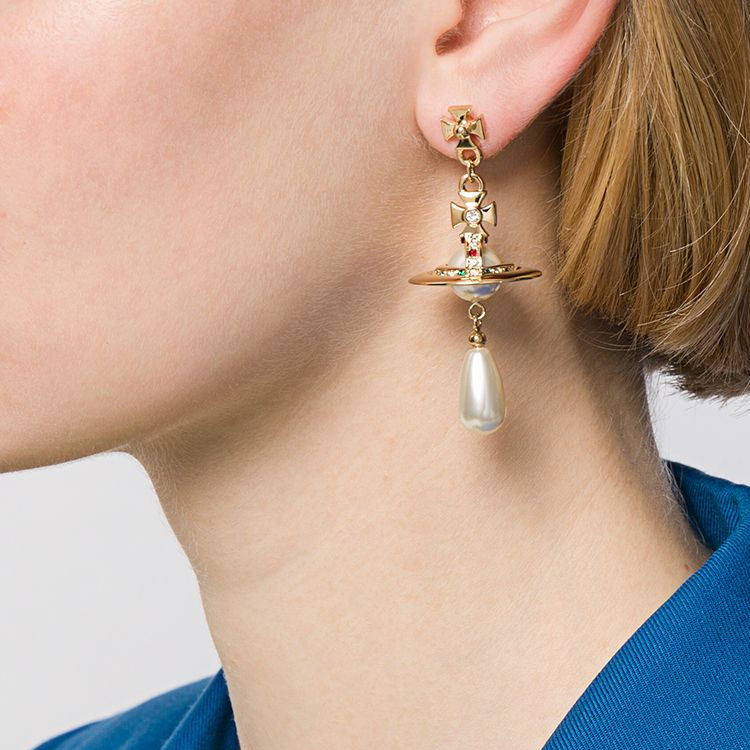 (Women) Vivienne Westwood Saturn Pearl Drop Earrings Gold Brass Crystal  Jewelry. 62020034R118R118 圖 3