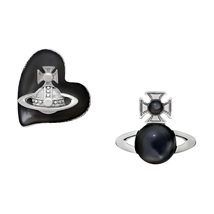 (Women) Vivienne Westwood Thomasina Heart Saturn Asymmetric Earrings Black/Silver Women 6201034302P244P244