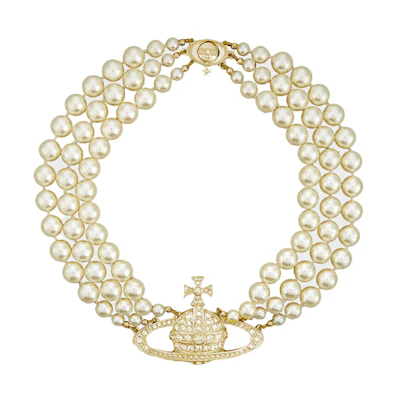 (Women) Vivienne Westwood Three Row Pearl Bas Relief Choker Gold Necklace . 63030007R117R117