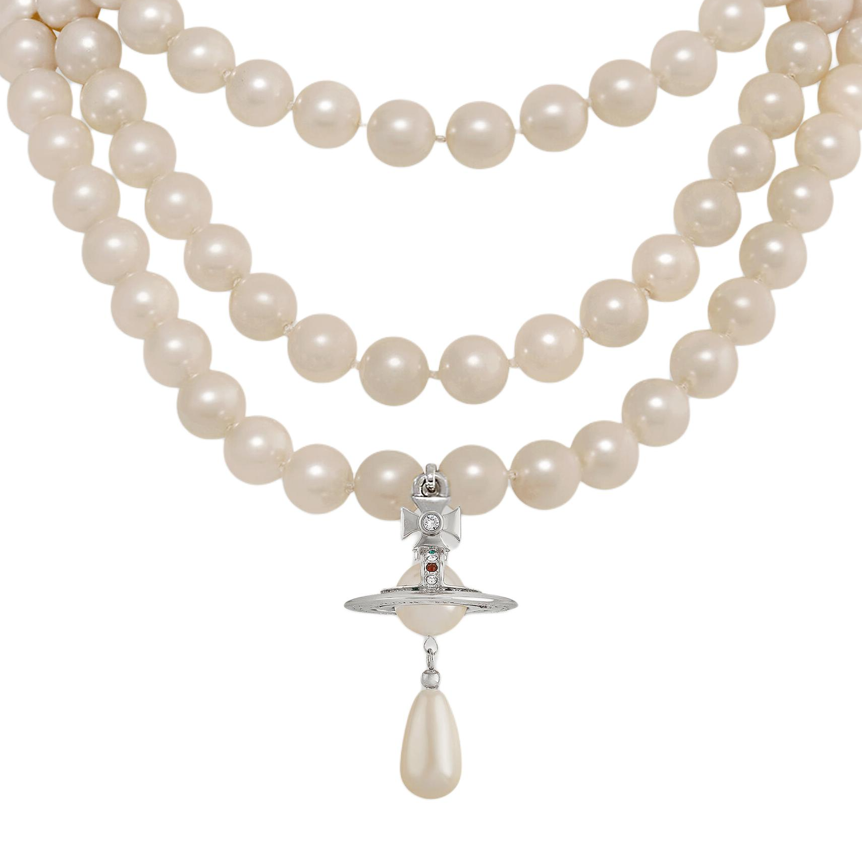 (Women) Vivienne Westwood Three Row Pearl Saturn Pendant Choker Brass Necklace Women. 6303000902P128P128