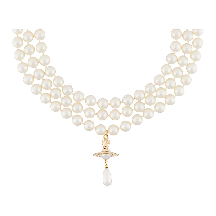 (Women) Vivienne Westwood Three Row Pearl Saturn Pendant Necklace Gold for Women. 63030009-R118-CN