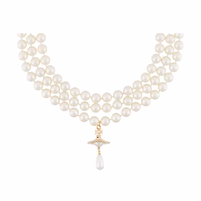 (Women) Vivienne Westwood Three Row Pearl Saturn Pendant Necklace Gold for Women. 63030009-R118-CN