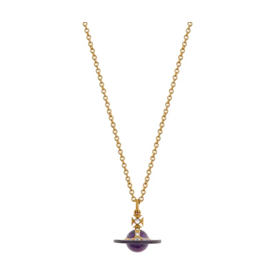 (Women) Vivienne Westwood Tiny Orb Saturn Pendant Necklace Brass Gold Chain Purple Sphere 6302039I02R653R653