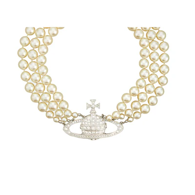 (Women) Vivienne Westwood Triple Row Embossed Brass Necklace Silver Women. 6303000702P127P127