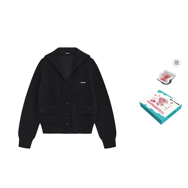 (Women) WE11DONE  Black Sailor Collar Knit Cardigan with Letter Buttons. WD-KC2-24-632-W-BK