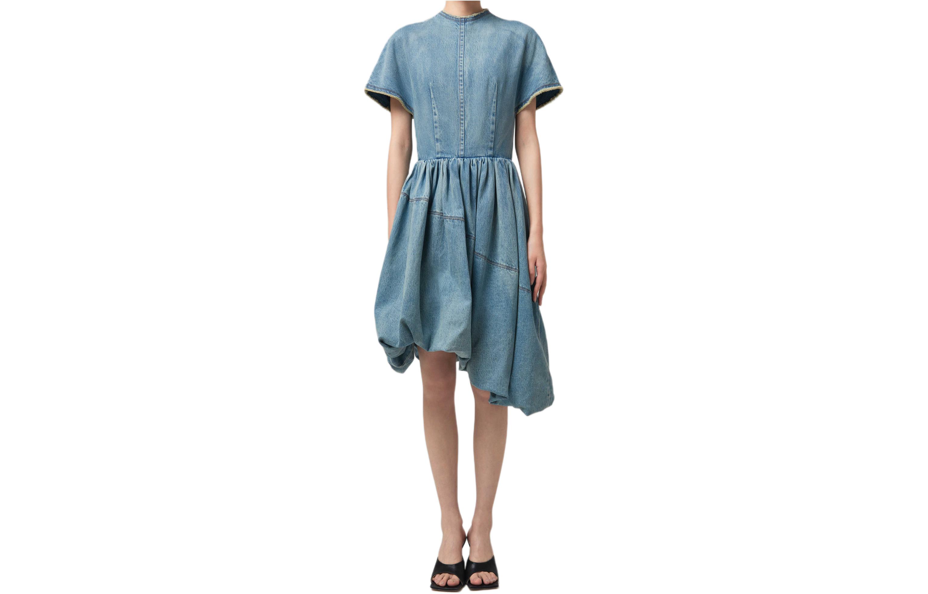 (Women) WE11DONE  Blue Patchwork Mid-Length Frayed Short-Sleeve Dress WD-DO1-22-351-W
